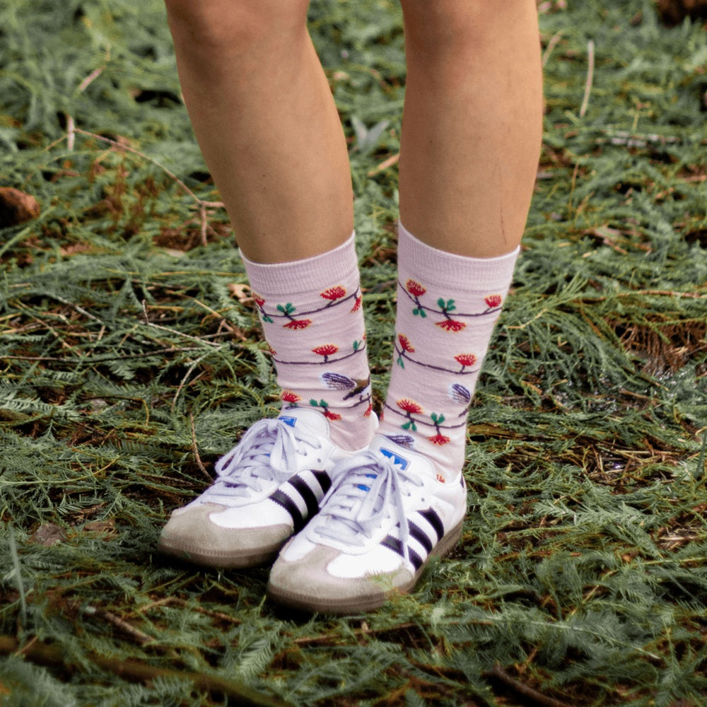 Pōhutukawa and Pīwakawaka Merino Wool Socks
